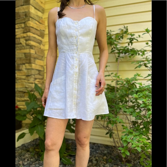 Reformation White Linen Button-Front Sweatheart Mini Dress, spaghetti straps, 0 - Picture 1 of 10